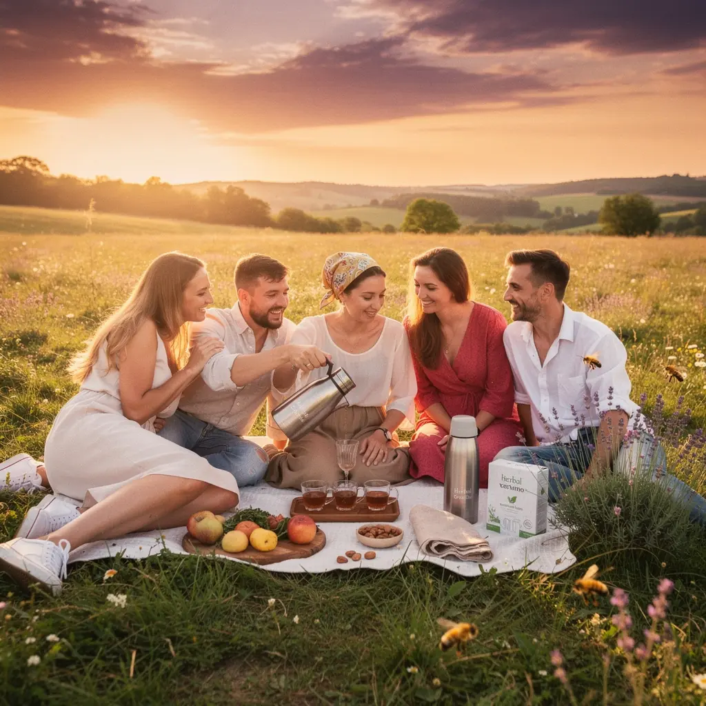 Čajna ceremonija na terasi s pogledom na mirnu prirodu i cvjetne vrtove.