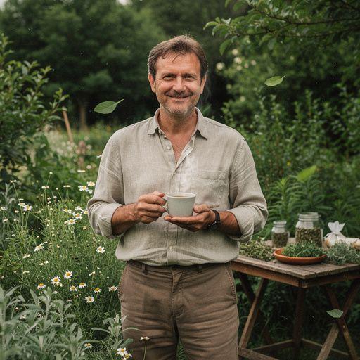 Zeleni čaj s mirisnim biljem u prozirnoj šalici na drvenom stolu.