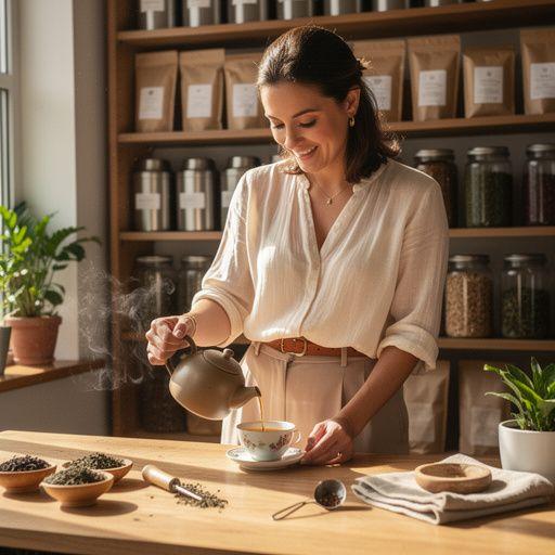 Raznolike šalice čaja s cvjetovima lavande i kamilice na bijelom platnu.