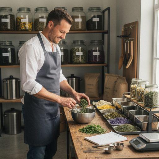 Pakiranje biljnog čaja s prirodnim sastojcima na pozadini svijetle prirode.