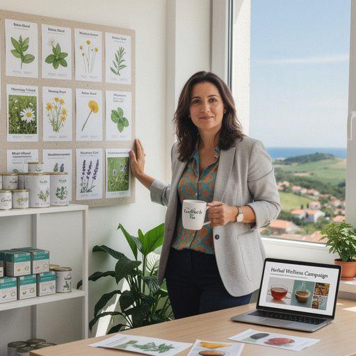 Vruća šalica čaja ispod grane stabla, okružena svježim biljkama.