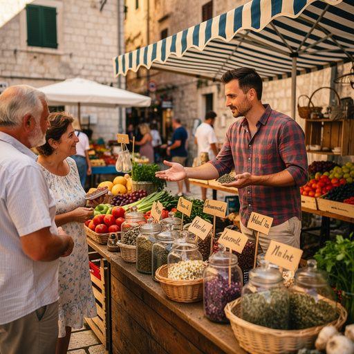 Ručni rad čajnika s etiketom "Prirodno opuštanje" na stolu s biljkama.